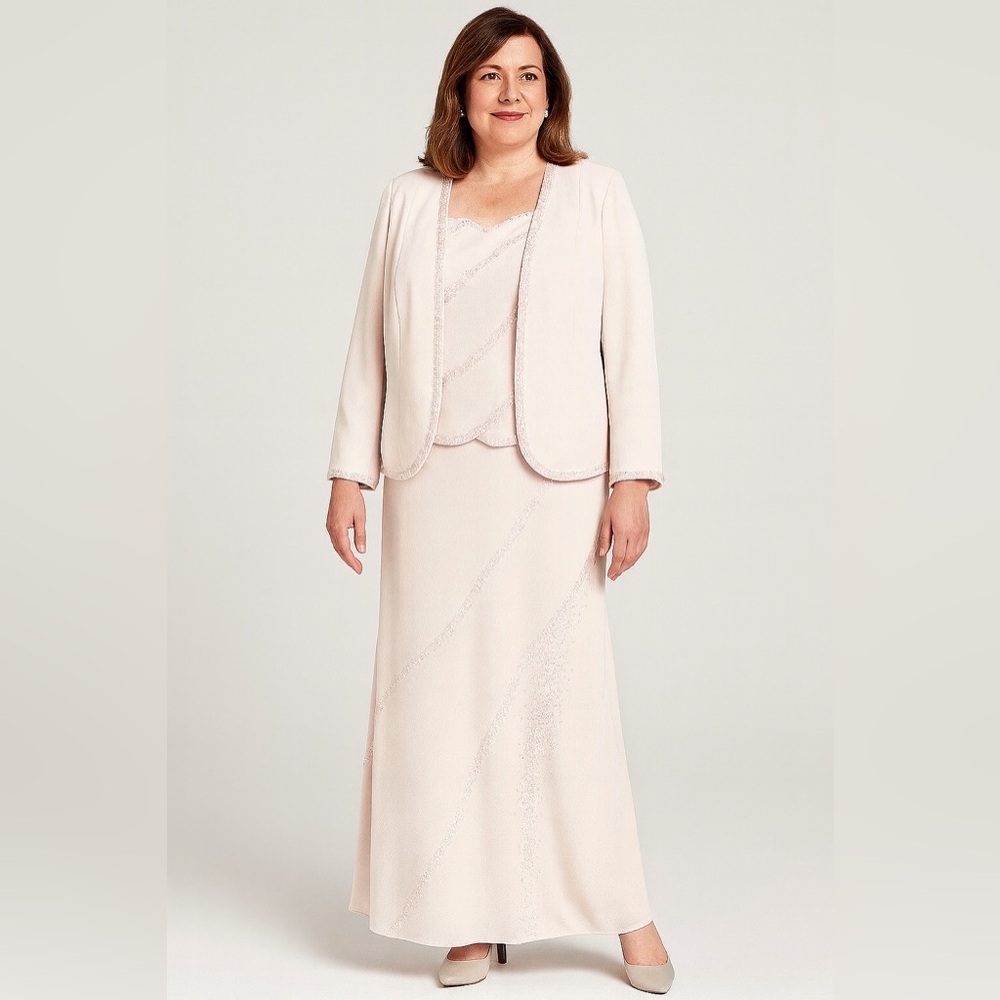 Montage Collection by Mon Cheri pink beaded jacket and maxi dress bridal…